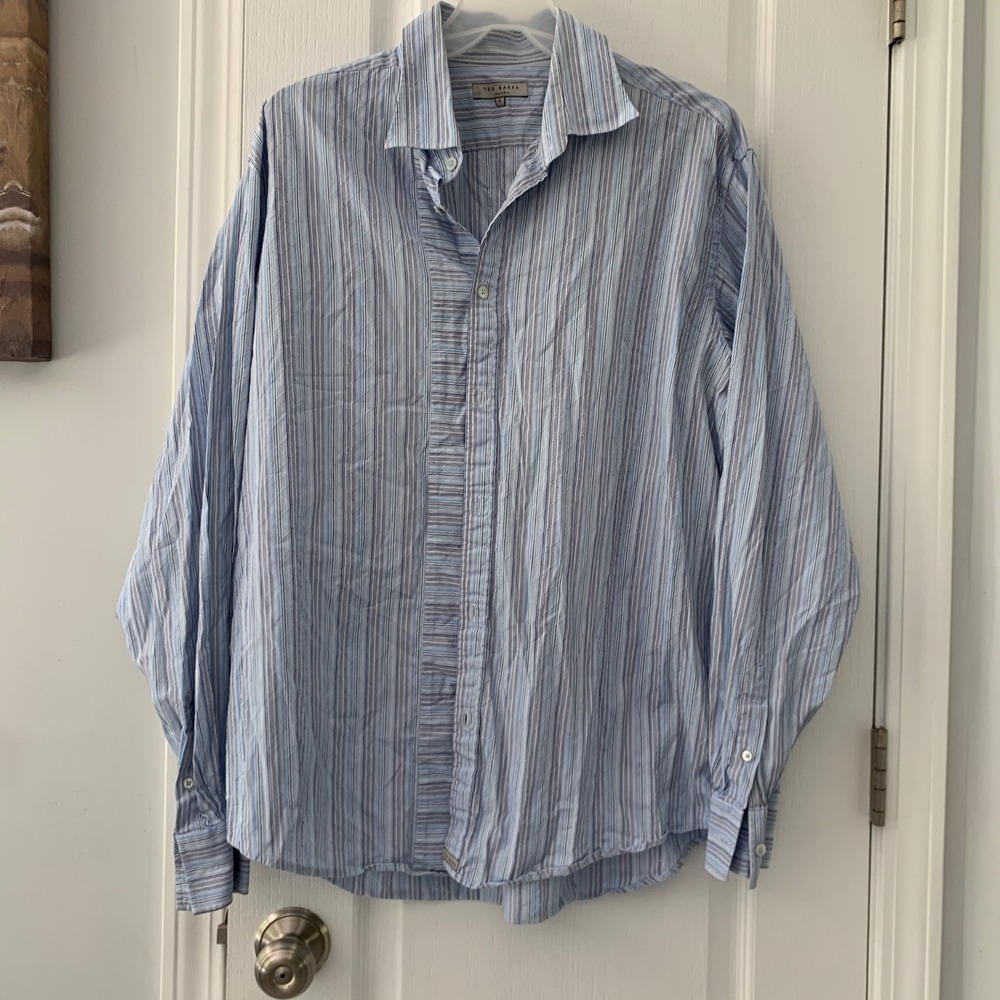 Ted Baker London Mens Blue Striped Quilted Texture Button Down Shirt Size 5 XL